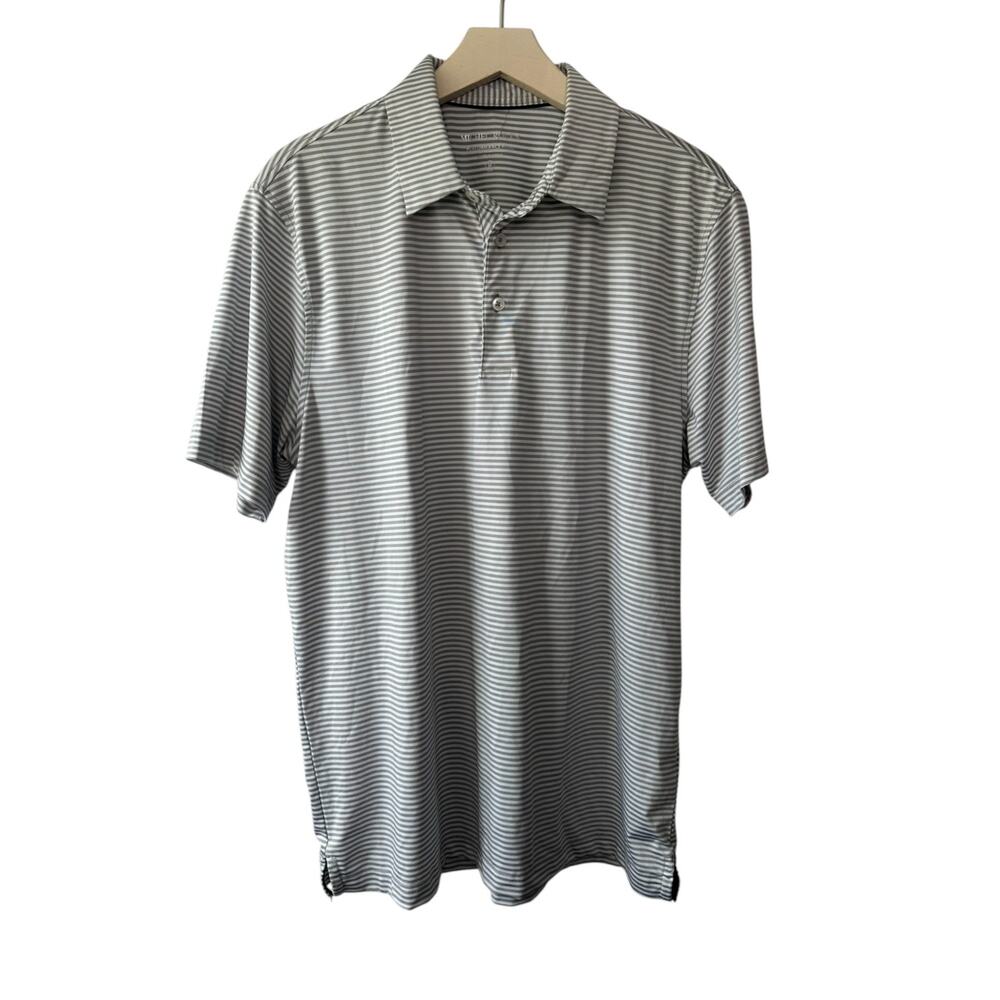 Michel Rouen Gray & White Stripe Short Sleeve Performance Polo Shirt Mens Medium